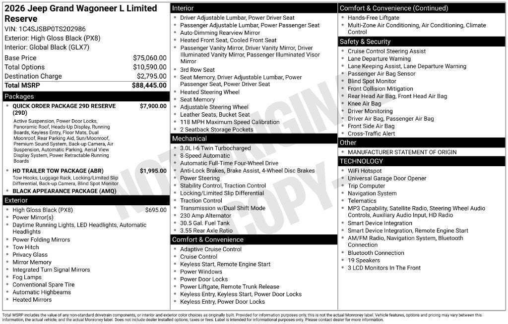 2026 Jeep Grand Wagoneer GRAND WAGONEER L LIMITED RESERVE 4X4