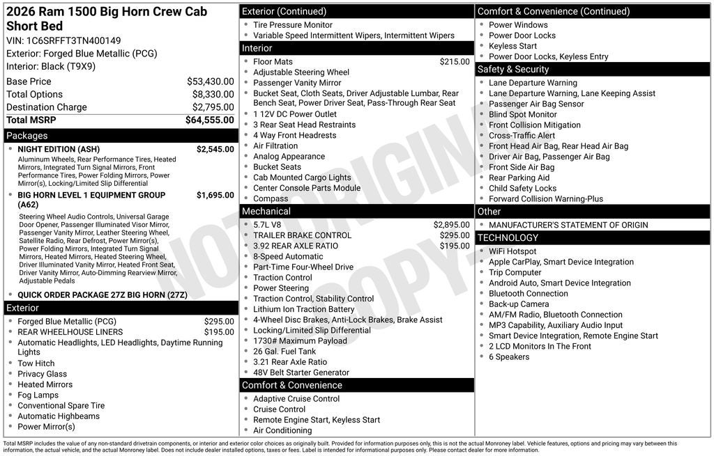 2026 RAM 1500 RAM 1500 BIG HORN CREW CAB 4X4 5'7' BOX
