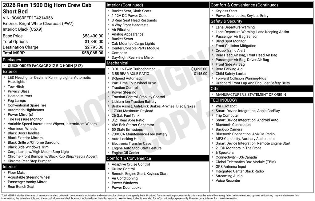 2026 RAM 1500 RAM 1500 BIG HORN CREW CAB 4X4 5'7' BOX