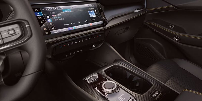 Jeep center console with gear selector, controls, and infotainment display