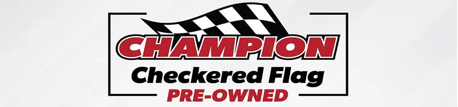 'Champion Checkered Flag Pre-Owned' logo with a waving checkered flag over the word 'Champion.'