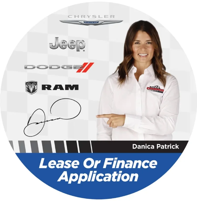 Danica Patrick points to logos for Chrysler, Jeep, Dodge, and Ram, above a 'Lease or Finance Application' button.